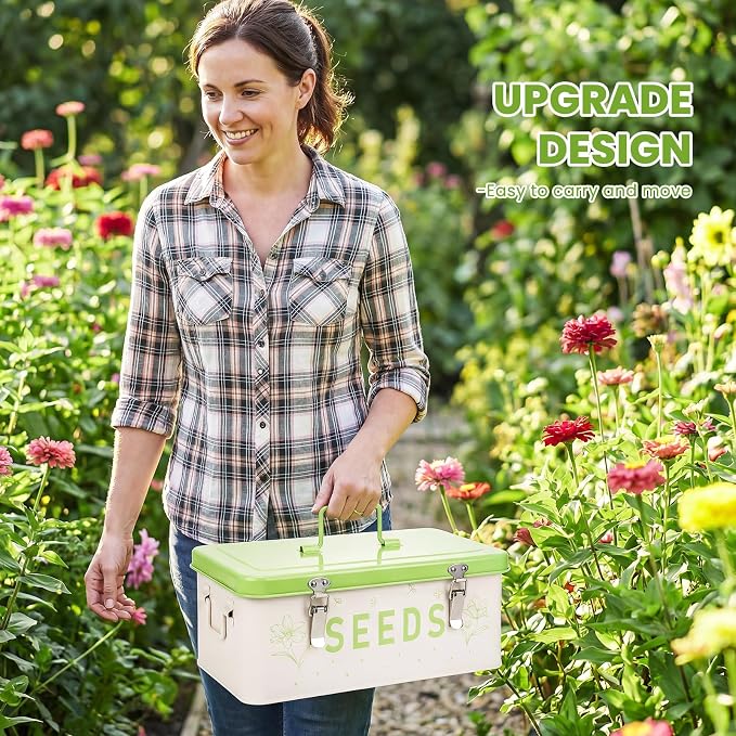 Seed Storage Organizer with Lid, Metal Seed Bin Seed Packet Container with 100 Plant Labels 50 Seed Envelopes 50 Plant Clips 1 Marker Pen, 4 Compartments Box with Locks