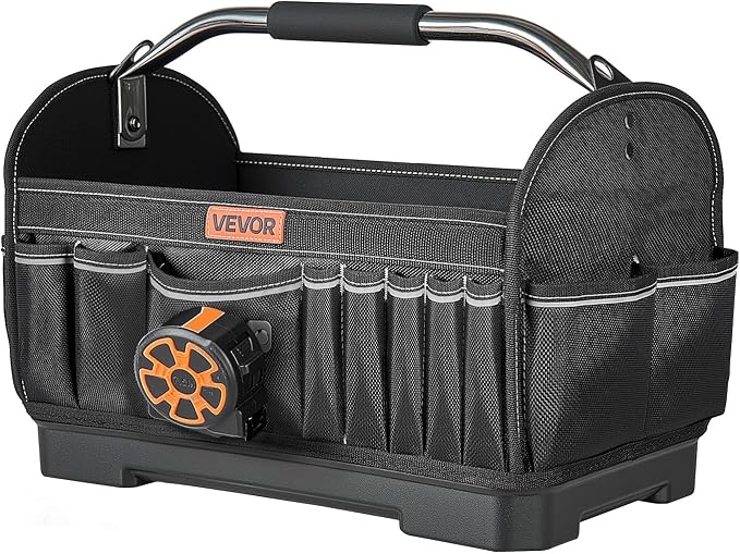 VEVOR Tool Bag, 16.1 Inch, 33-Pocket Open Top Tool Tote, Portable Electrical Maintenance Toolbox Organizer Storage with Hard Plastic Base, Adjustable Shoulder Strap, for Professionals DIY & Jobsite