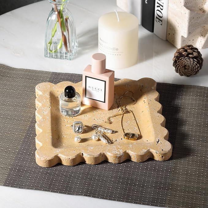 Travertine Scalloped Marble Tray, 7.8in Marble Vanity Tray, Premium Square Jewelry Dish for Perfume Earrings Keys Necklaces, Golden Decorative Tray for Bathroom, Unique Stone Dish, Decor Gift