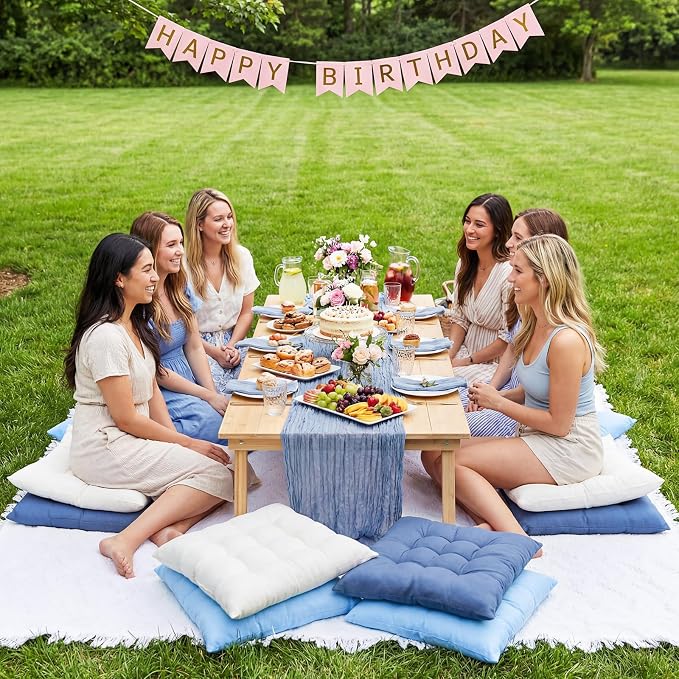 8 Pcs Fit for 6 People 91 x 71'' Extra Large Outdoor Picnic Blanket with Blue White Table Runner and Floor Pillow Cushion Fit for 6 People Picnic Wedding Birthday Baby Shower Backyard Decor