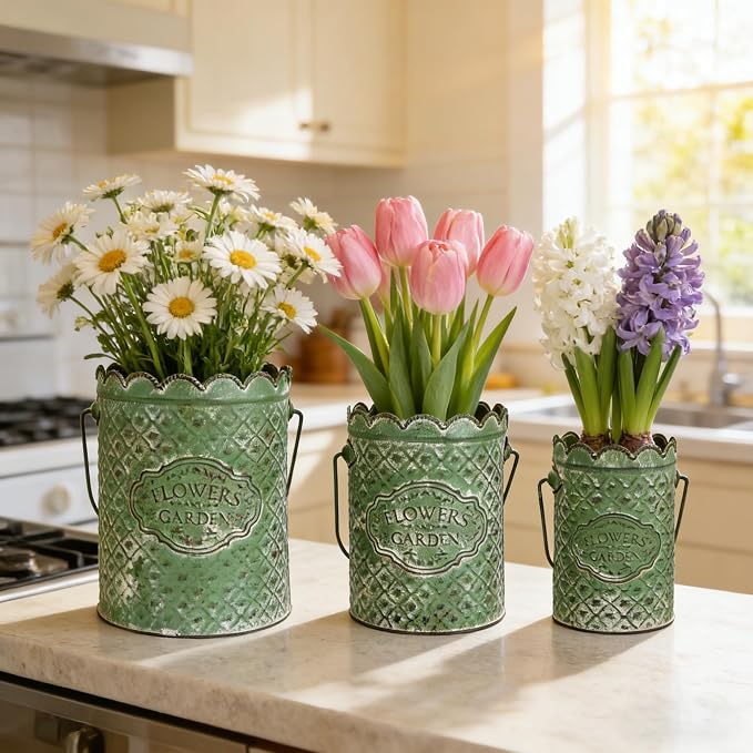 Set of 3 Vintage Distressed Metal Planter Rustic "Flowers and Garden" Embossed Flower Pots with Scalloped Edge & Handle Farmhouse Decorative Floral Buckets for Dried Flowers, Home Garden Decor (Green)