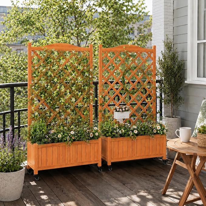 2 Pack Trellis Raised Garden Bed with Wheels, 50" Tall Wooden Planter Box with Trellis, Lattice Privacy Screen with Drainage Holes for Patio Balcony Garden