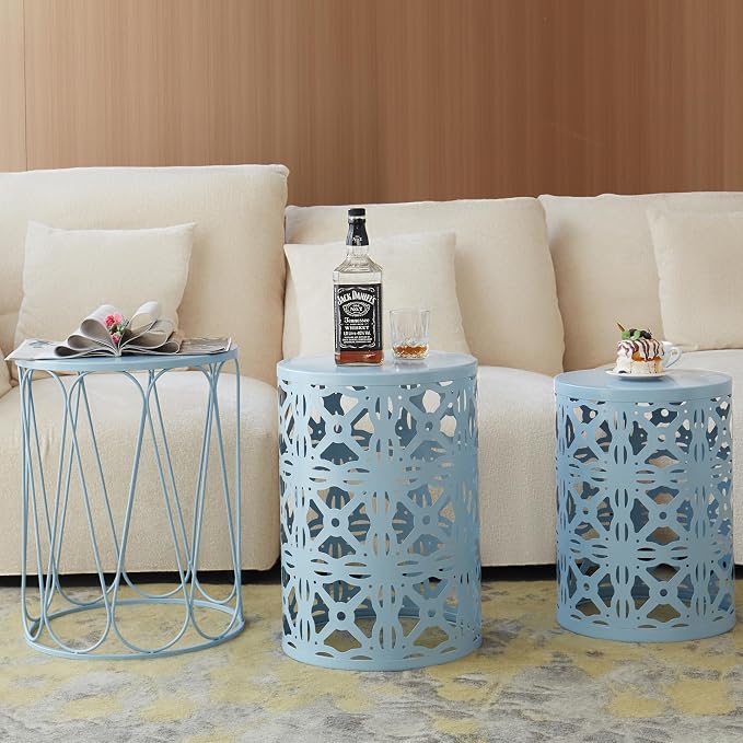 Y&M Outdoor Side Tables Set of 3, Round Metal Stacking Patio Side Tables, Indoor & Outdoor End Tables, Decorative Garden Stool Plant Stand for Patio, Garden, Balcony, Porch, Light Blue