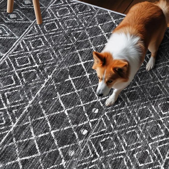 3x16 Black Moroccan Washable Rug:Modern Boho Long Hallway Runner Rug | Soft Low Pile Thin Indoor Mat, Easy Clean Non Slip Backing, Stain Resistant Design for Kitchen, Bedroom & Entryway