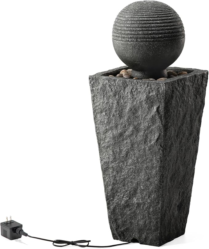 Glitzhome Water Fountain Outdoor with LED Light, Sphere Pedestal Outdoor Fountain, Modern Ball Waterfall Fountains Water Feature for Garden Patio Deck Porch, 31.7”H
