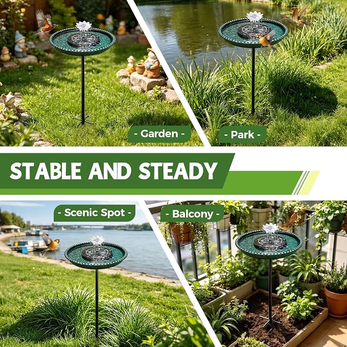 Bird Bath with Solar Powered Fountains for Hummingbirds,Stable Stylish Design with 5-Prong Base Stake Plastic Bird Bath for Outside Lawn Patio Yard Garden