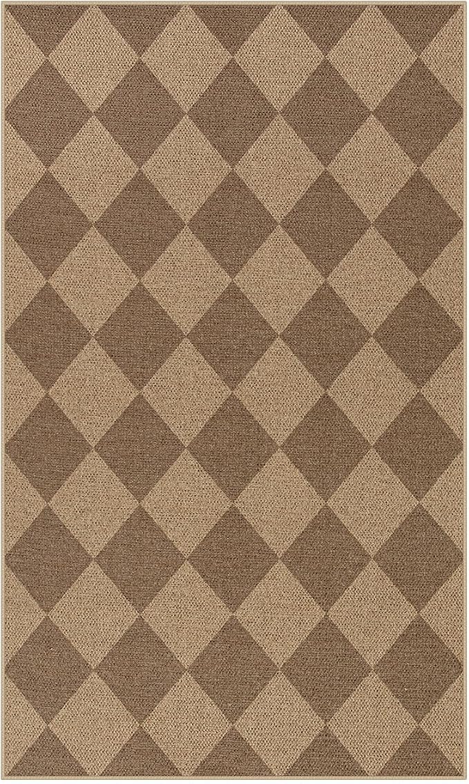 Lahome Checkered Easy Jute Indoor Outdoor Rug, 3x5 Washable Nature Rug for Entryway Living Room Indoor, Farmhouse Non Slip Checkerboard Carpet for Entry Guestroom Deck