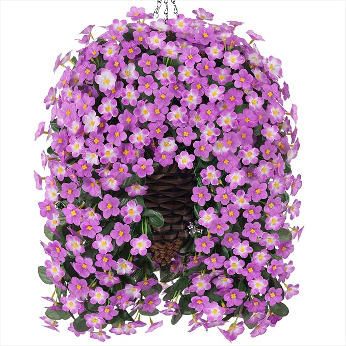 HyeFlora Artificial Fake Hanging Flowers with Basket for Outdoor Decoration,UV Resistant Faux Silk Daisy Flowers Light Fuchsia Orchid Vines in Planter Realistic Hanging Baskets for Home Porch Garden