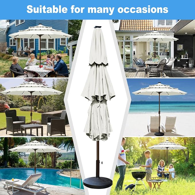 Eurmax USA 10-Year-Non-Fading 10FT 3-Tier Outdoor Patio Market Umbrella with LED Lights,UPF50+ UV Resistant,Commercial Grade,Crank Lift Design,Windproof Vented Top for Garden,Pool,Deck,Natural