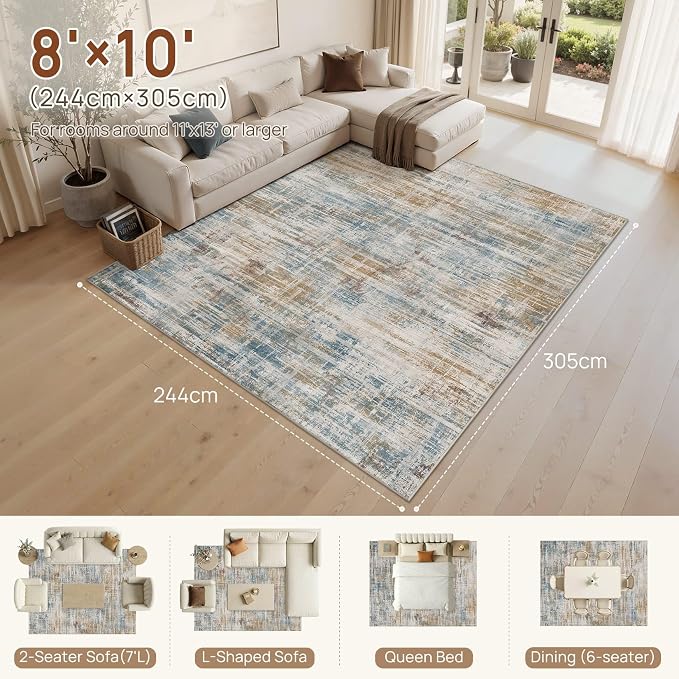 UERMEI 8x10 Area Rug for Living Room Washable Abstract Blue Brown Carpet | Low Pile Non-Slip Soft Neutral Modern Kid Pet Friendly Large Rugs For Bedroom Dining Room Nursery Office Indoor Decor