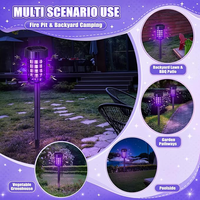 Qualirey 4 Pack Solar Bug Zapper Outdoor Waterproof Mosquito Repellent Killer Bug Zapper Lamp with LED Light for Outdoor Garden Patio Yard (Purple and White Light,Black)