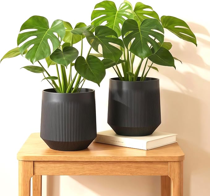 Plant Pots,Set of 2 Plastic Large Pots for Indoor Plants,Flower Pots Outdoor Planters with Drainage Hole and Seamless Saucer,(Gray 12Inches)