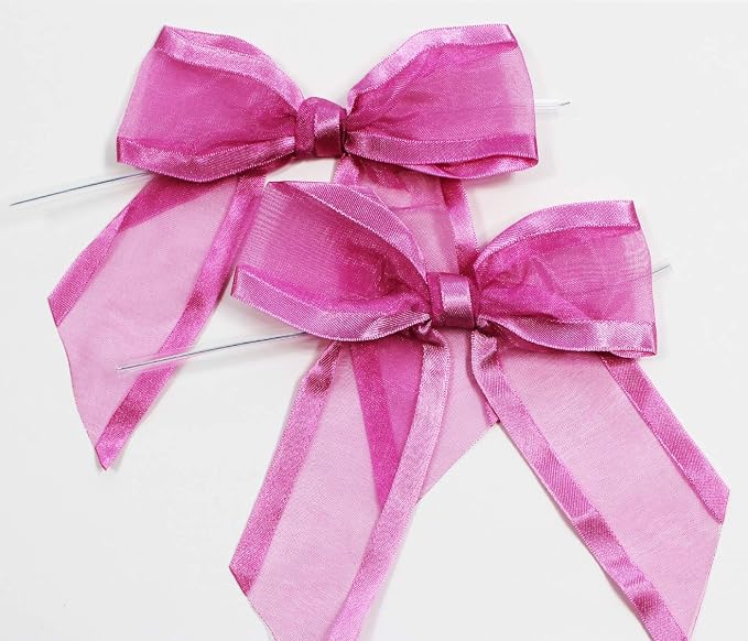 Hot Pink Pre-Tied Organza Bows with Twist Ties. Pack of 12 Satin-Edged Fabric Bows Made of 1-1/2" Ribbon. Bow Measures 4" Wide