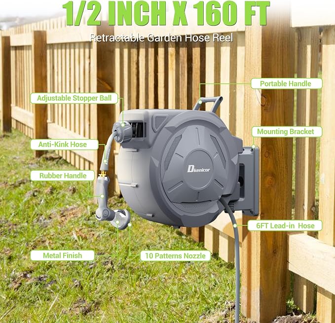 1/2" x 160 ft Retractable Hose Reel, Heavy Duty Retractable Garden Hose Reel Wall Mounted with 10-Pattern Hose Nozzle/Any Length Lock/Slow Return System/180°Swivel Bracket