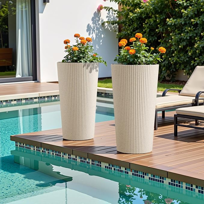 23.6" H Tall Planters for Outdoor Plants Set of 2 - Fluted Large Outdoor Planters for Front Porch Decor with Drainage Hole, Plastic Round Flower Pots Fits Indoor Plants Patio/Garden, Beige
