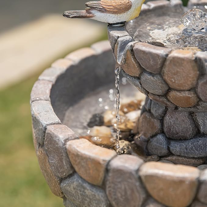 Glitzhome Water Fountain Outdoor with Birds Decor, 24.4”H 2-Tier Bird Bath Outdoor Fountain with Pump, Freestanding Garden Waterfall Fountains Water Feature
