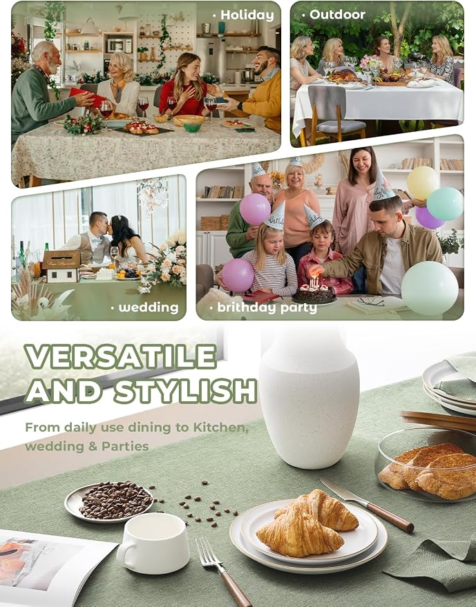 Decorelia Faux Linen Farmhouse Table Cloth 60"x84" for Rectangle Table, Sage Green Waterproof Outdoor Washable Cloth Tablecloth for Rectangular Dining Room Kitchen Outdoor Party Restaurant Decor