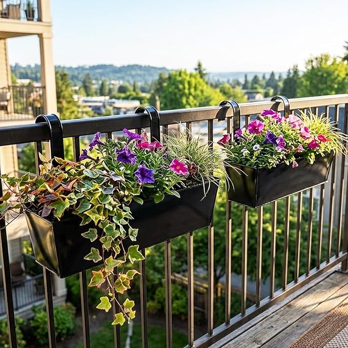 Outdoor Railing Hanging Planter Pot, 17" Metal Planter Pots for Plants, Fence Flower Pot for Porch Balcony with Detachable Hook & Drainage Hole (Rectangular-Black, Pack of 4)