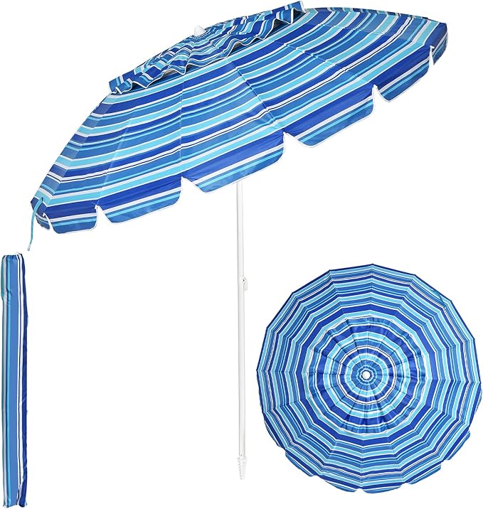 Tangkula 8FT Navy Blue Beach Umbrella, Portable with Sand Anchor, Fade Resistant Canopy, Sturdy Fiberglass Ribs, Outdoor Sunshade Umbrella