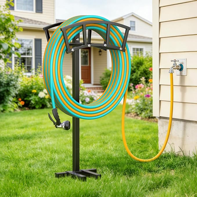 OLV Garden Hose Holder 4 Spikes, Heavy Duty Freestanding Water Hose Holder Stand Holds 150-ft Hoses, Detachable Outdoor Metal Storage Hanger Organizer Rack for Outside Yard Lawn Farm