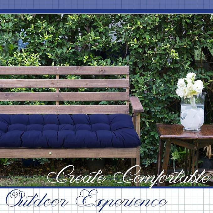 Wenqik Outdoor Bench Cushion 59 x 18 x 5 Inch Waterproof Patio Swing Cushion with Removable Zippered Cover Adjustable Ties Seat Pad for Porch Bench Garden Loveseat(Navy Blue,Grid Pattern)