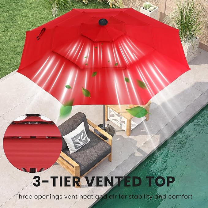 DUMOS Outdoor Solar Patio Umbrella 3 Tiers with 32 LED Lights, Beach Market Table Umbrella with Crank and 8 Sturdy Ribs for Pool, Terrace, Restaurant