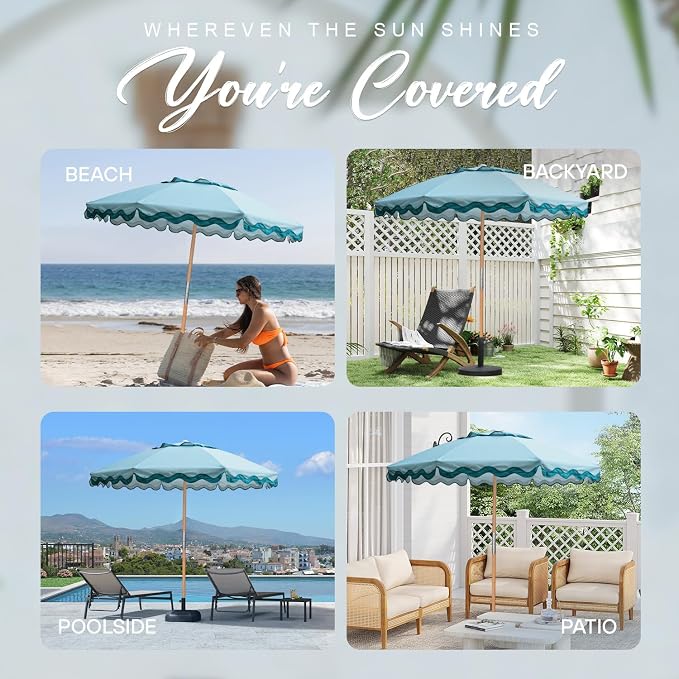 AMMSUN 7.8FT Outdoor Patio Umbrella, Boho Market Table Umbrella Wood Pole | Heavy-Duty Build Quality, UPF 50+ Sun Protection and Waterproof Canvas, Hand-Crafted Ash Wood Pole, Air Vent, a Carry Bag