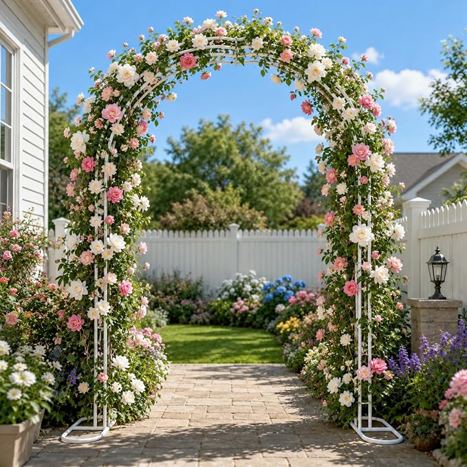 Metal Garden Arch, 98.5" W x 90.5" H Heavy Duty Metal Garden Arch Trellis for Climbing Plants (White, Arch)