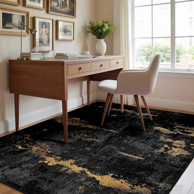 RELEANY Washable 4'x6' Abstract Area Rug for Living Room Black Gold | Carpet for Bedroom, Kitchen, Office, Hallway and Entryway, Printed Pattern, Non‑Slip, Soft, Stain‑Resistant, Easy to Clean