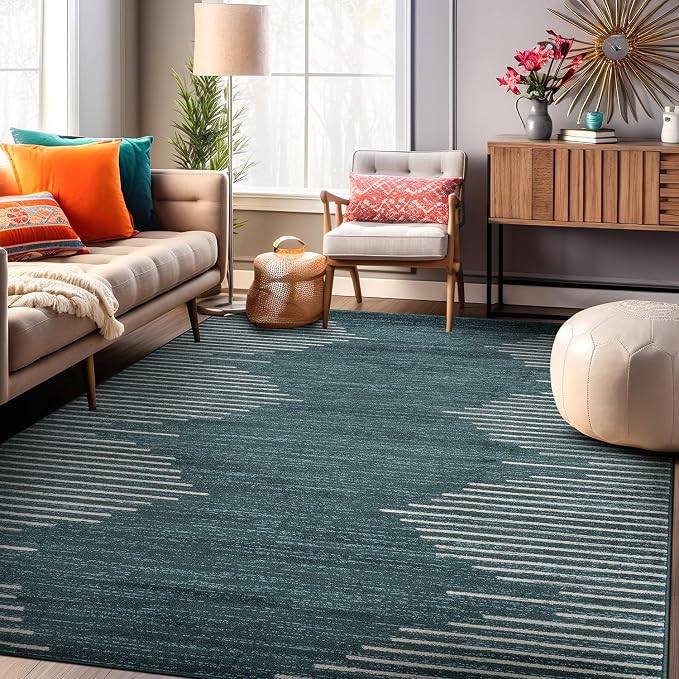 Rugshop Bohemian Stripe Stain Resistant Area Rug Teal 7'10" x 10' | High Traffic,Fade Resistant, Living Room, Bedroom, Dining Room, Home Office, Kitchen, Entryway, Hallway, Nursery,Basement