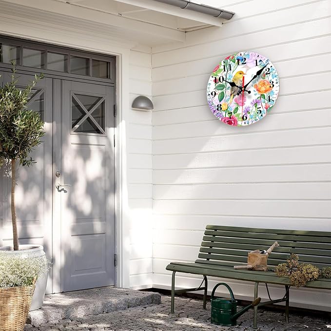Wall Clocks Battery Operated, Colorful Flowers and Bird Silent Non Ticking Decorative Indoor Outdoor Wall Clocks for Living Room Kitchen Bedroom Bathroom 12"