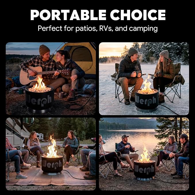 Werph 17-Inch Compact Propane Gas Fire Pit, 58,000 BTU, Black | Lightweight with Locking 2-in-1 Lid & Pumice Stones, Perfect for Camping, RV, Picnic, Fishing, and Backyard