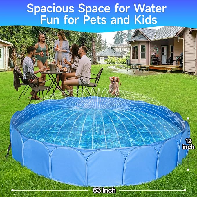 Collapsible Sprinklers Pool for Pet - Foldable Dog Pool for Backyard - Portable Heavy Duty Splash Pad for Puppy Pet Dog (63" x 12")