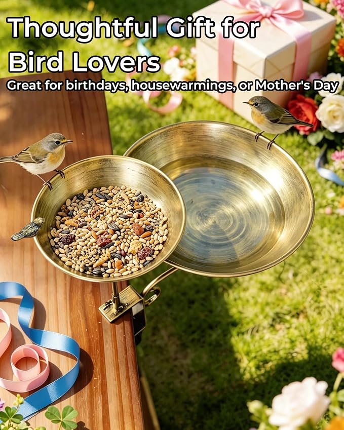 Deck Mounted Dual-Tier Bird Bath with Adjustable Clamp Metal Balcony Bird Bath & Bird Feeder for Railing, Patio, Fence – Easy Clean Outdoor Birdbath for Cardinals, Finches & Sparrows