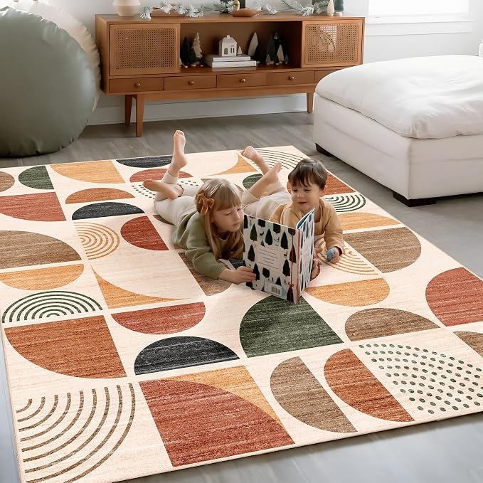 Boho Rug Washable,4x6.5 Area Rugs for Bedroom Living Room Bedside Office,Throw Floor Carpet Non Slip Soft Indoor Modern Abstract Bohemian Terracotta