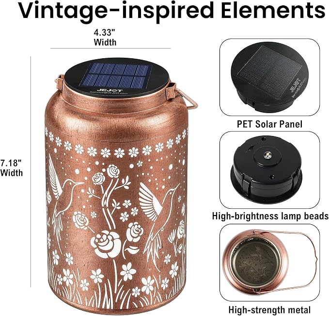 JEJOT Hummingbird Solar Lanterns Outdoor Waterproof, Birthday Gifts for Women Mom Grandma,Metal Hanging Solar Lantern for Yard,Garden,Porch Landscape Deconrations-1 Pack