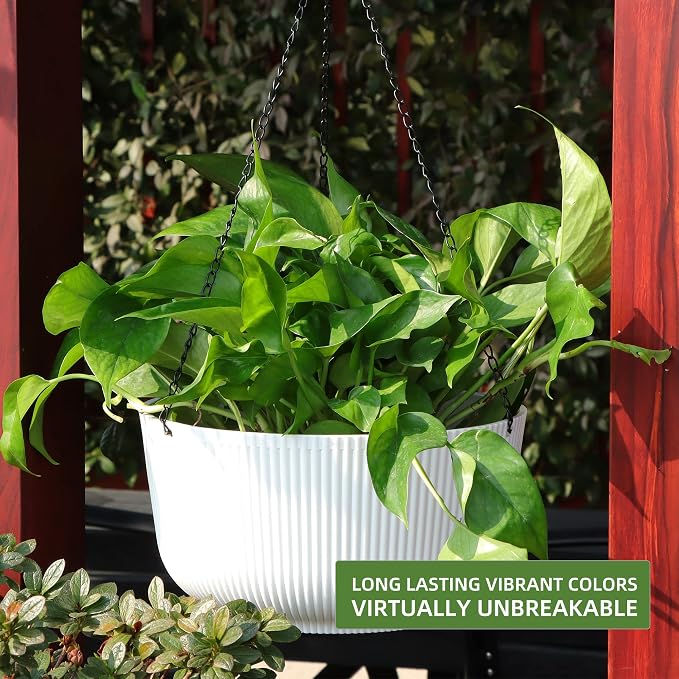 Dexceder 9.8 Inch Self Watering Hanging Planter (2 Pack, White) | Thickened Hanging Basket Flower Plant Pot Indoor Outdoor