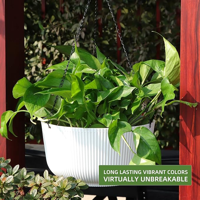 Dexceder 8.75 Inch Self Watering Hanging Planter (2 Pack, White) | Thickened Hanging Basket Flower Plant Pot Indoor Outdoor