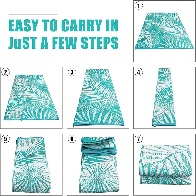 Outdoor Rug for Patios Clearance, 6x9 Waterproof RV Rugs for Outside, Reversible Plastic Straw Mat Large Quick Drying Outdoor Rugs for Deck Trailers Campers Porch Beach Backyard,Teal & White