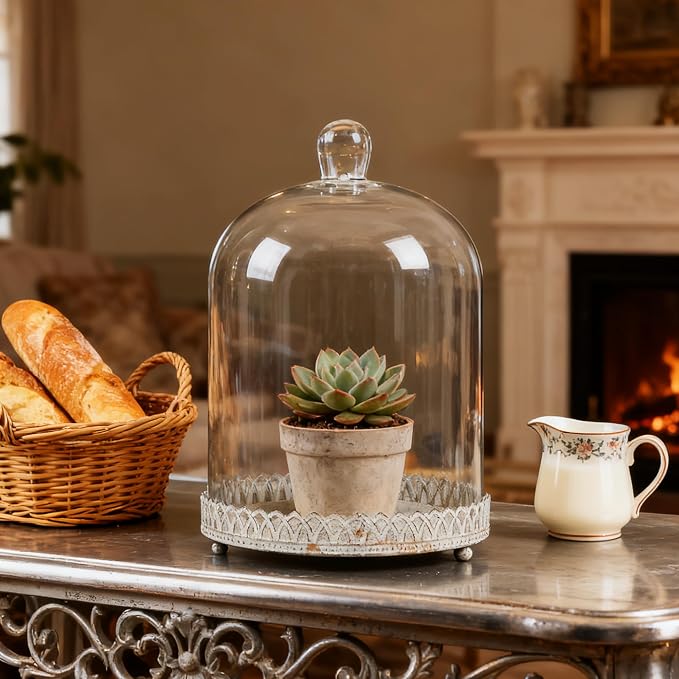 Twakutwku 12" Tall Large Sturdy Handmade Glass Cloche Dome with Metal Base in Shabby White for Plant, Terrarium, Collectibles, Candle. Cloche Glass Dome, Bell Jar Display Case (Shabby White, 12")