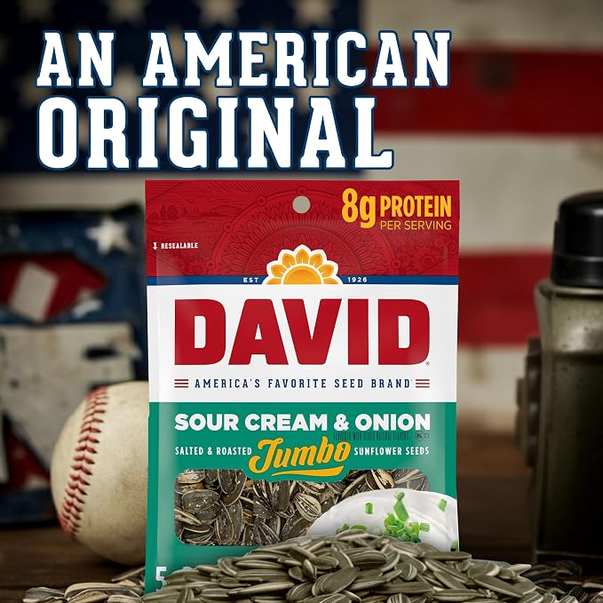 DAVID Roasted and Salted Jumbo Sunflower Seeds, Sour Cream and Onion Flavor, 5.25oz.