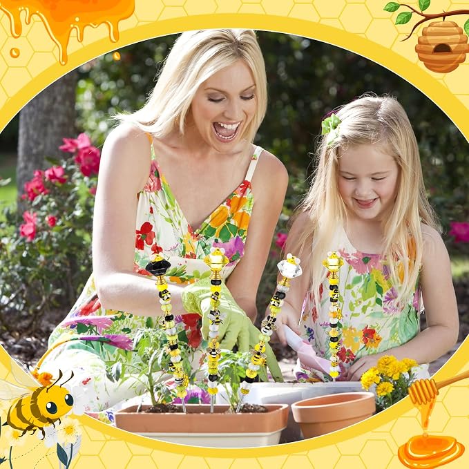 Lineshading 118 Pcs Bee Garden Stakes Fairy Wand DIY Beaded Stakes Garden Decor Includes 4 Crystal Stopper Top 10 Bee Pendant 68 Large Hole Beads 4 Threaded Rods 4 Pcs Nuts, for Craft Supply