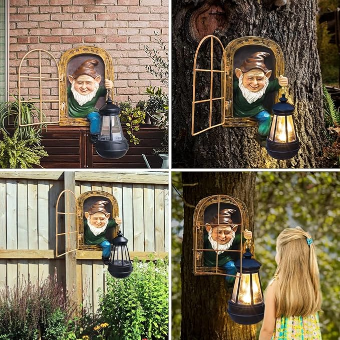 Garden Gnome Statue with Solar Lights Mom Dad Gifts Summer Decor Fairy Garden 10 in Elf Outdoor Tree Hugger Statues- Tree Face Sculpture, Yard Art for Patio,Fence,Lawn,Wall Gnomes Ornament