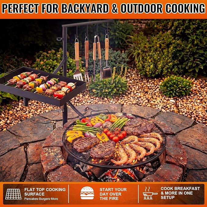22" and 16"x10.5" Fire Pit Campfire Grill Grate Foldable Round and Rectangular Grill Grate Open Fire Cooking Portable Camping Barbecue Rack Heavy-duty Easy Setup & Adjustable Height for BBQ