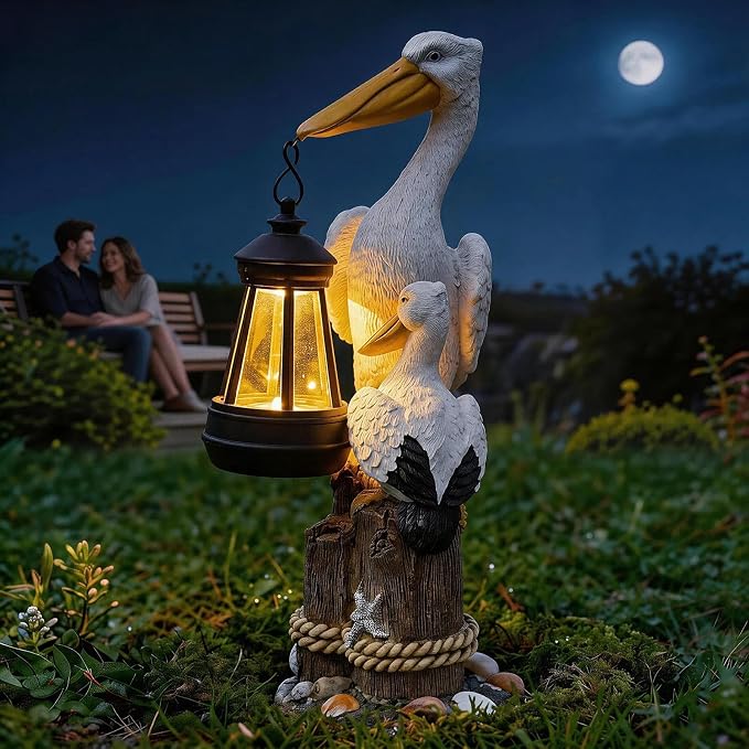 Solar Pelican Garden Statue with LED Lantern, 11.4 Inch Hand-Painted Resin Outdoor Figurine Light for Patio Lawn Yard, Coastal Bird Gift for Women Mom Grandma