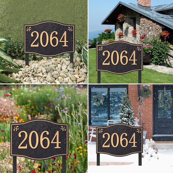 Personalized Address Plaque Sign - LAWN MOUNTED, House Address Signs for Outside Use for House,Apartment,Office,Yard (Black/Gold)