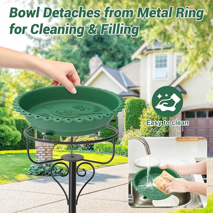 40In Bird Bath for Outside,Freestanding Birdbath & Birdfeeder with Metal Stake,Vintage Birdbaths Water Bowl with 5 Prongs Base for Outdoor Garden Yard Decor (Green)