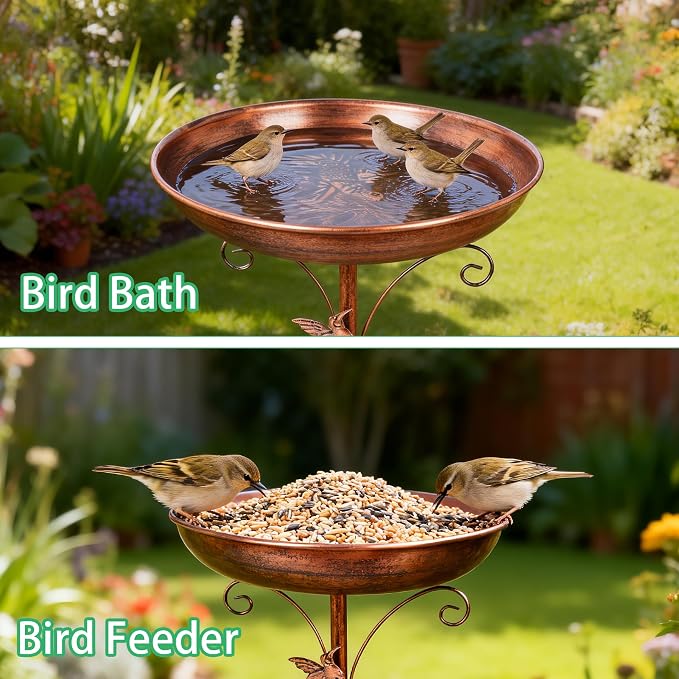 Metal Bird Bath with Solar Fountain for Outdoors, 13" Detachable Bowl & Stable 5-Prong Base Stake, Antique Bronze Birdbath for Garden Yard Patio Decor