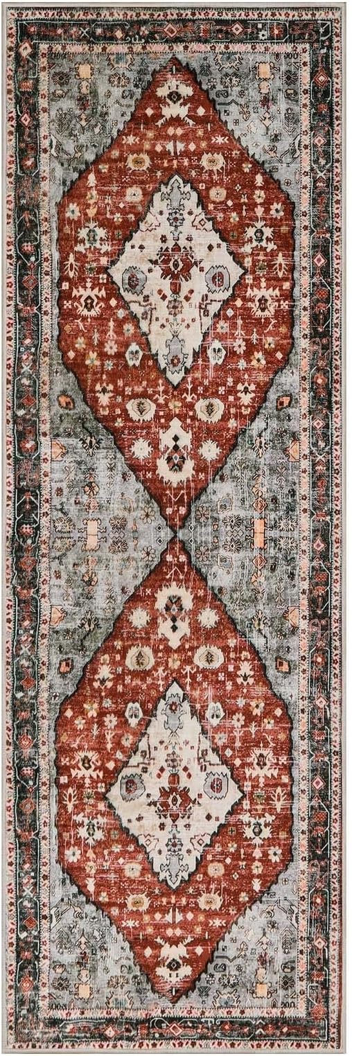 Lahome Felice Boho Tribal Runner Rug - 2x6 Red Rug Runners for Hallways 6 feet Non Slip Kitchen Sink Mat, Soft Non Skid Washable Bathroom Carpet Runner for Front Hall Entryway Laundry Room