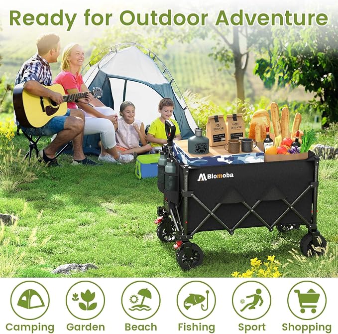 Blomoba Collapsible Wagon Cart, 220lbs Utility Grocery Shopping Cart, 150L Foldable Beach Wagon with Wider Wheels & Auto-Rebound Handle